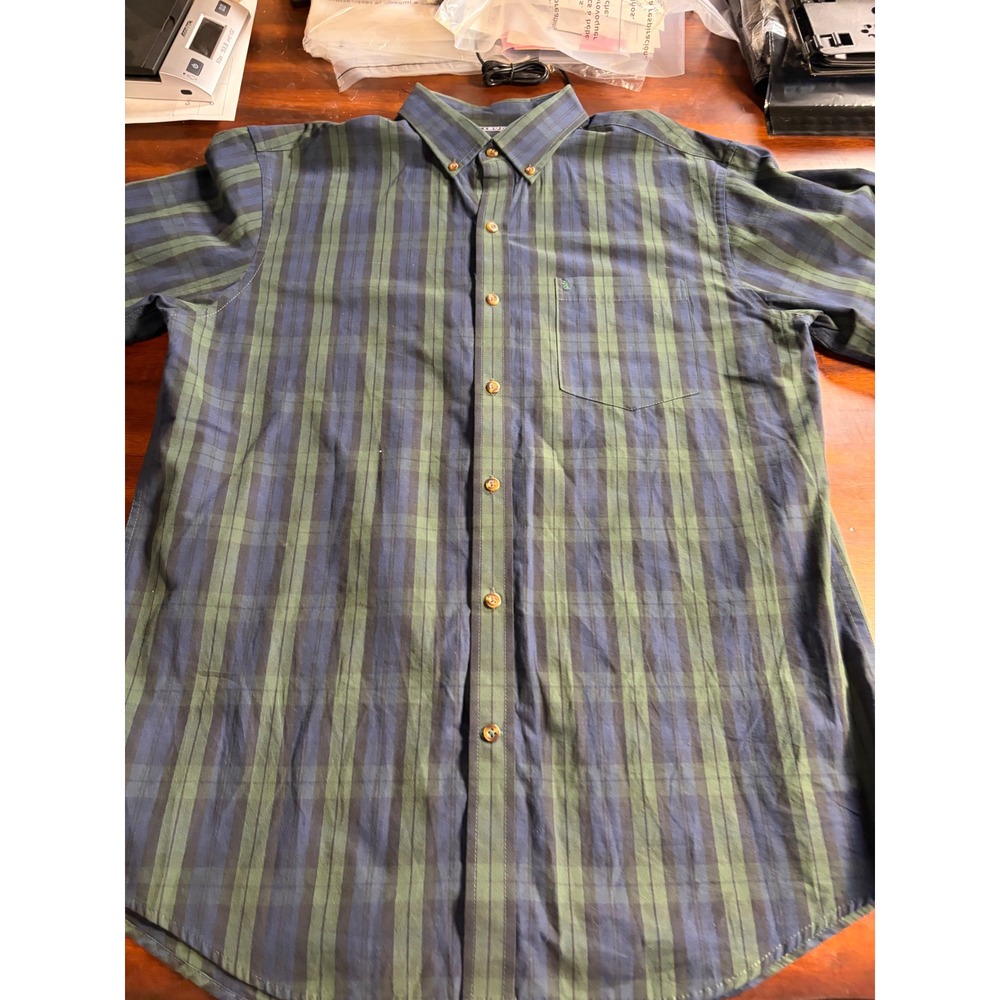 Izod Mens Short Sleeve Button Down Shirt Plaid Blue Green Size M